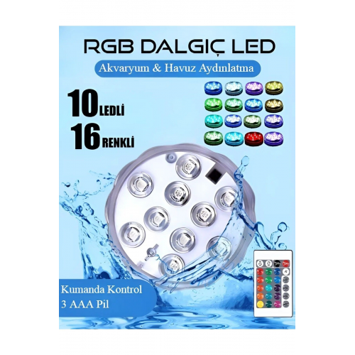 Rgb Led Işık Su Geçirmez Kumandalı Havuz-Akvaryum-Nargile Ledi Dekoratif Su Altı Aydınlatma Lambası