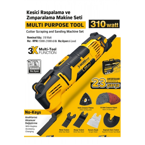 Kesici Raspalama Zımparalama Makine Seti 310 Watt 23 Parça - Metal Ahşap Kazıyıcı Kesici