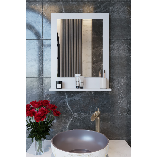 Safir Banyo Aynası, Dresuar,60x45 Beyaz Raflı Banyo Aynası