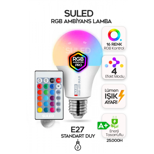 Rgb Led Lamba Kumandalı Ambiyans Aydınlatma 2000 Lümen Tasarruflu Renk Değiştiren Led Işık