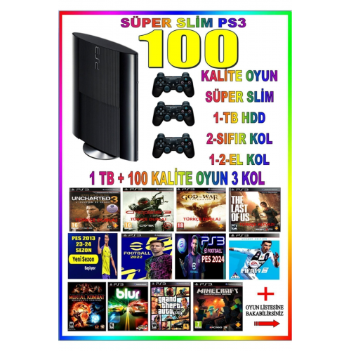 Ps3 1 Tb Süper Slim 100 Dijital Oyun 3 Kablosuz Kol (06 Ay Cihaz Garanti ) (YENİLENMİŞ PS3)