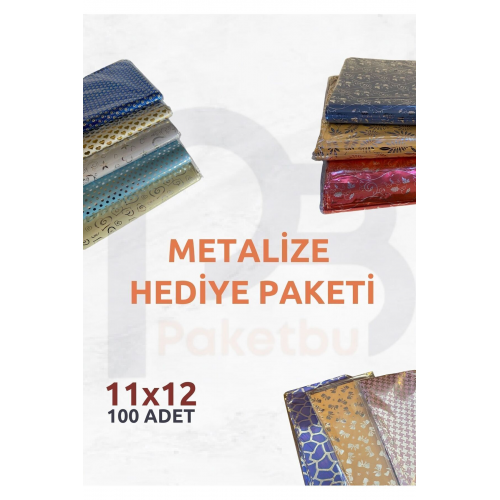 100 Adet 11x12 Cm Metalize Bantlı Hediye Poşeti , Takı Nişan...