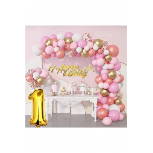 65 Adet Adet Balon Lüks Pembe Rose Gold 1 Yaş Balon Seti