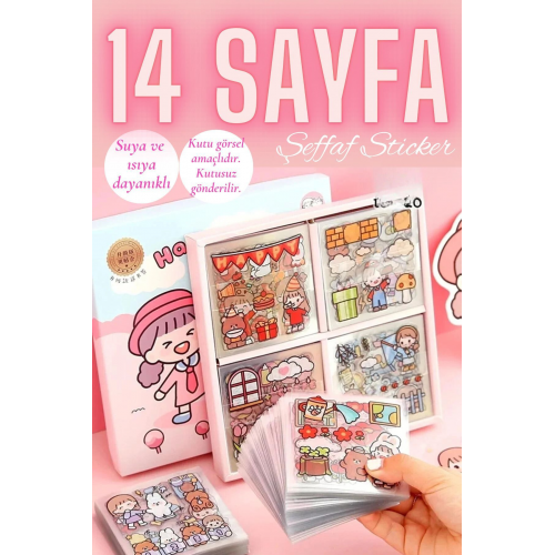 14 Sayfa Şeffaf Kawaii Sevimli Suya Dayanıklı Sticker Etiket...